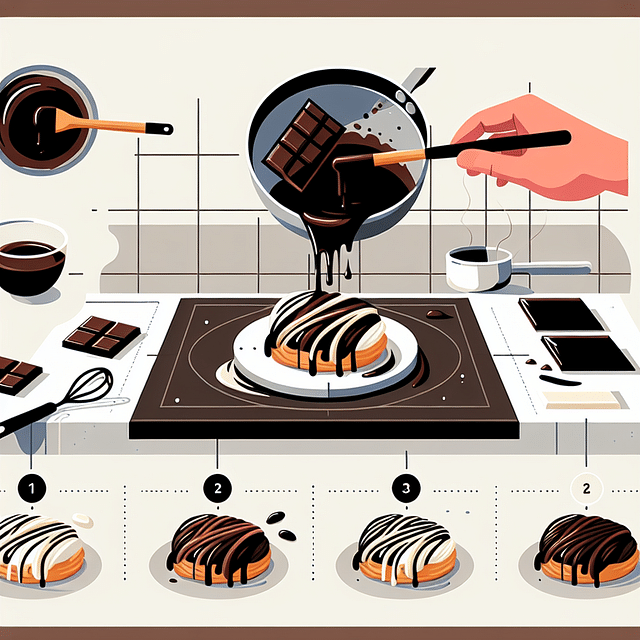 drizzling dark and white chocolate on pastry