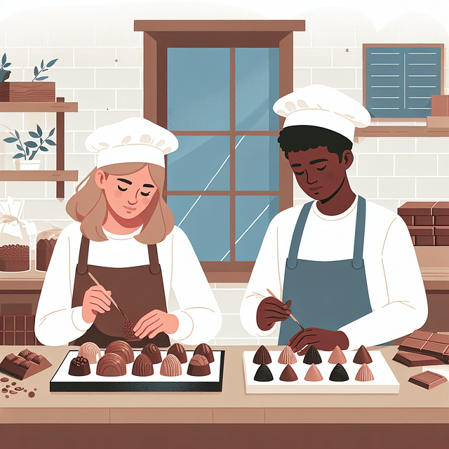 inspecting homemade chocolates for imperfections