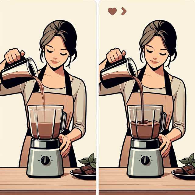 Pouring chocolate syrup into a blender