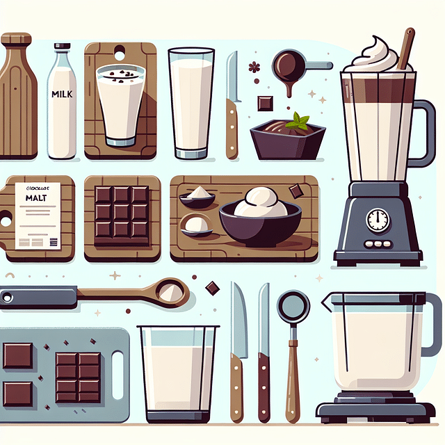 Ingredients for chocolate malt on a kitchen counter