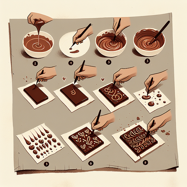 practicing chocolate decoration techniques on parchment paper