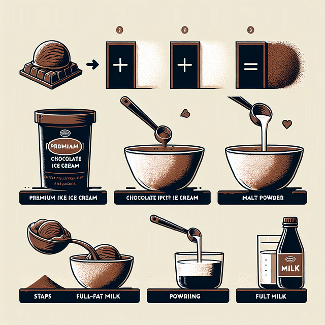 premium chocolate ice cream, malt powder, and full-fat milk