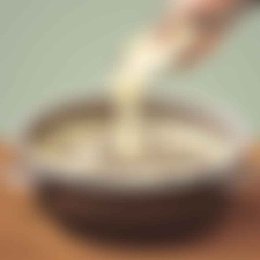 A bowl of melting white chocolate chips on top of a saucepan, with a hand stirring the chocolate
