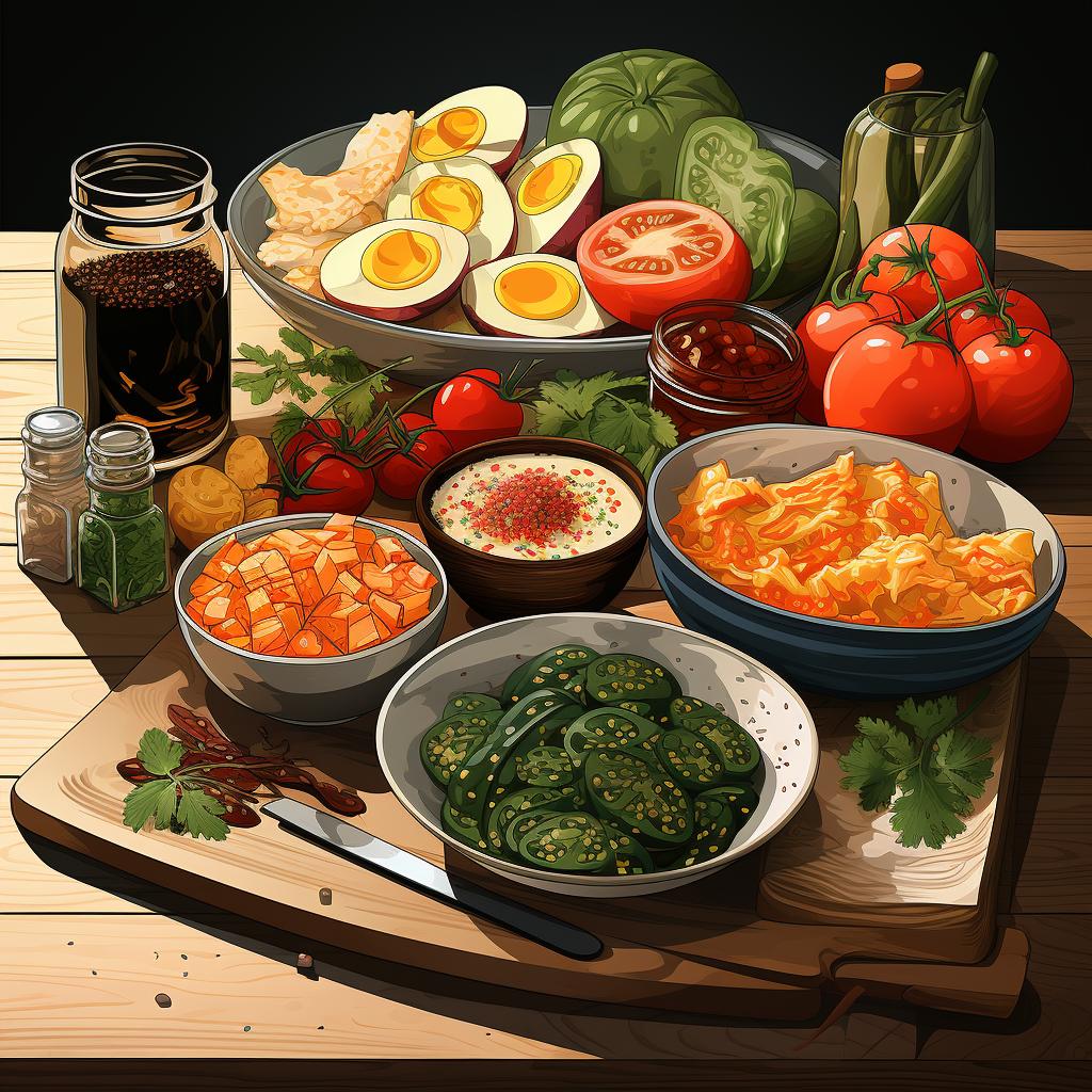 A variety of potential dip-able foods laid out on a table.