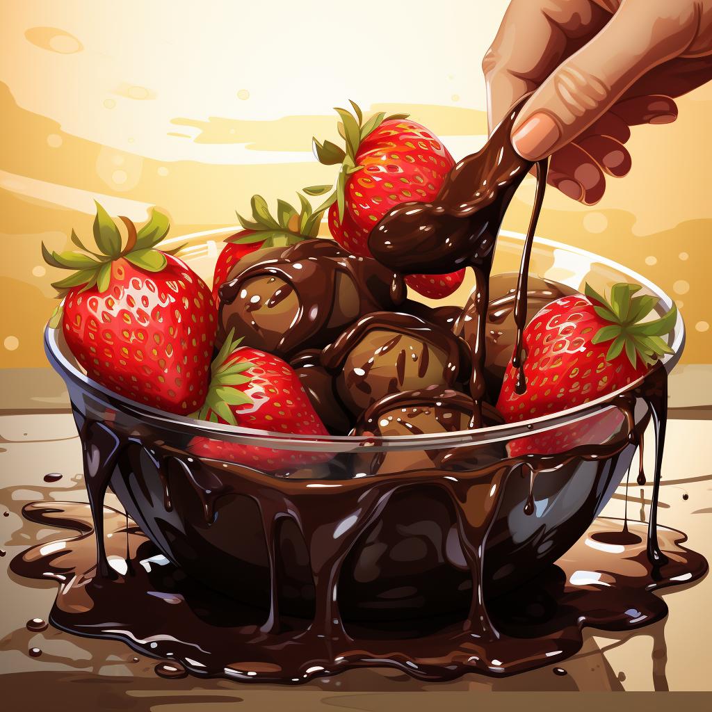 A hand dipping a strawberry into a bowl of melted chocolate.