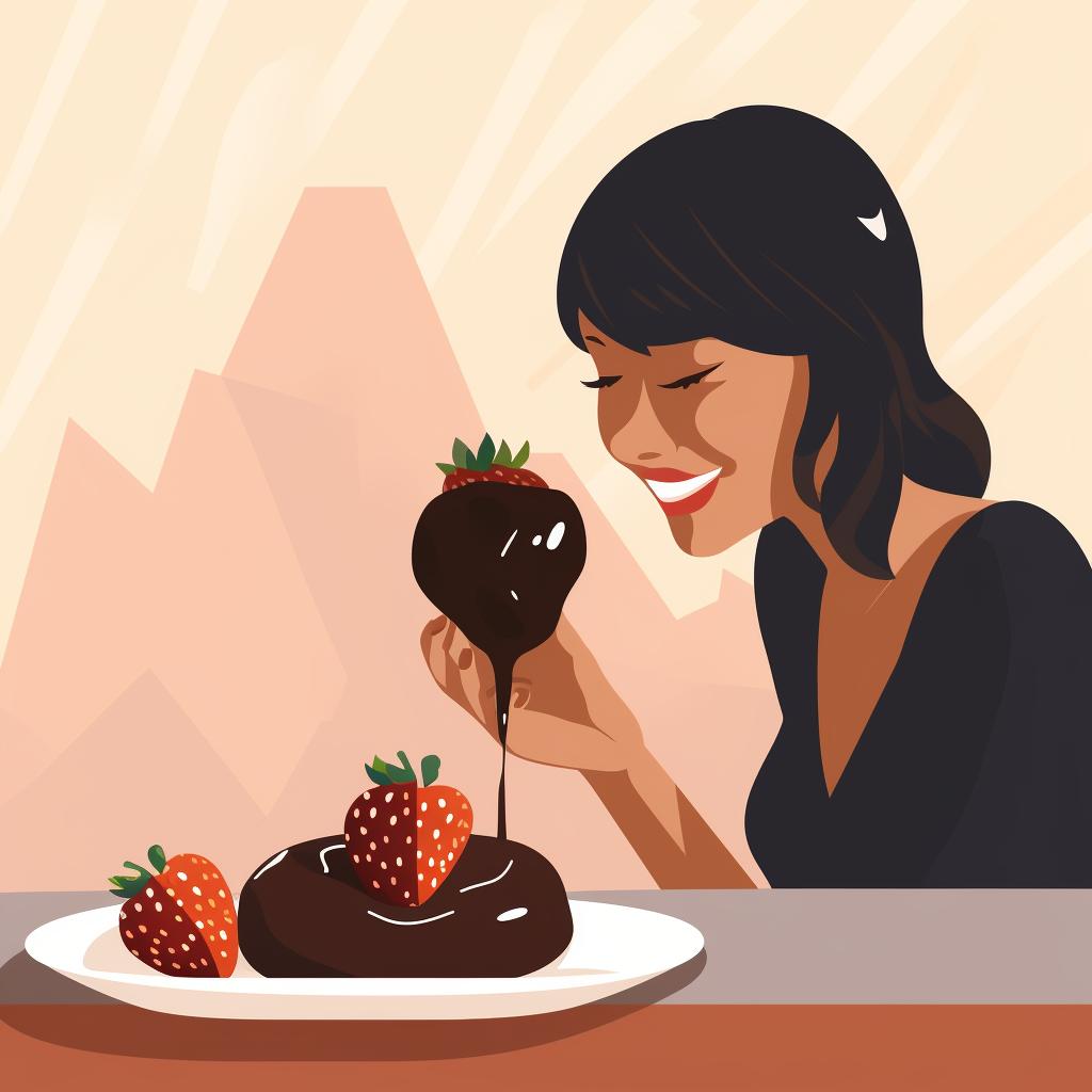A person enjoying a chocolate-dipped strawberry.