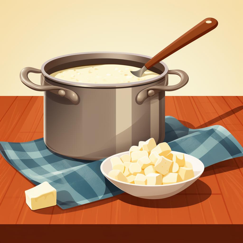 A heatproof bowl, a saucepan, a spatula, and a bag of white chocolate chips on a kitchen counter