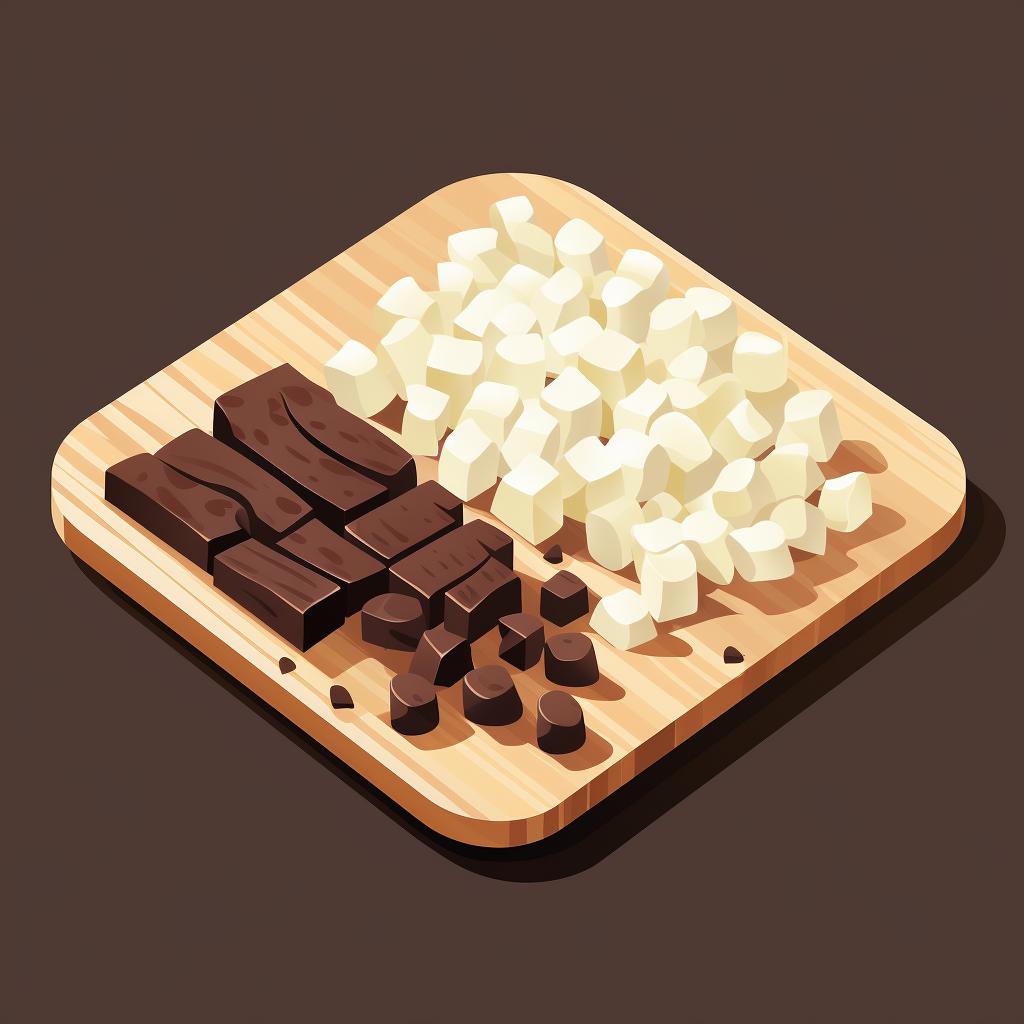 Chopped dark and white chocolate on a cutting board