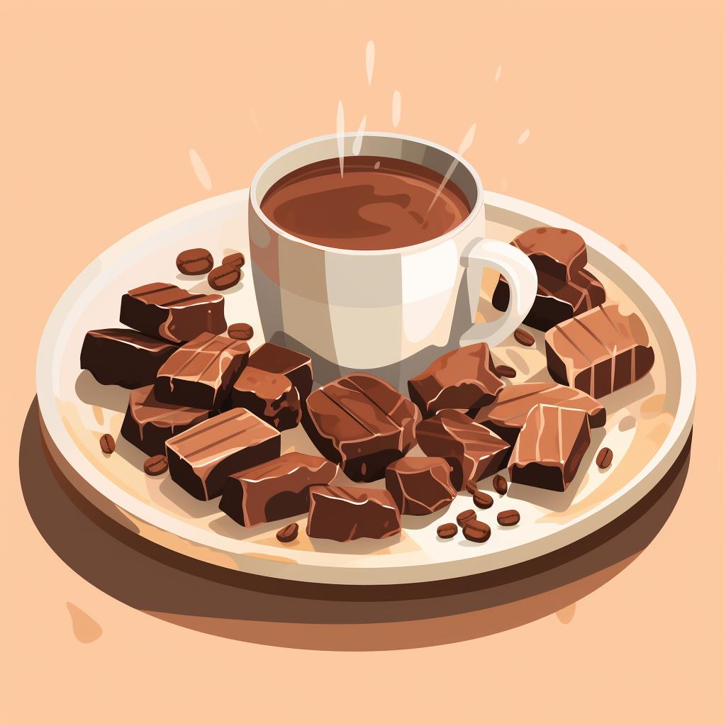 A platter with bite-sized chocolate pieces and cups of brewed coffee