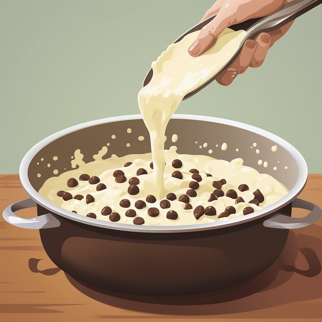 A bowl of melting white chocolate chips on top of a saucepan, with a hand stirring the chocolate
