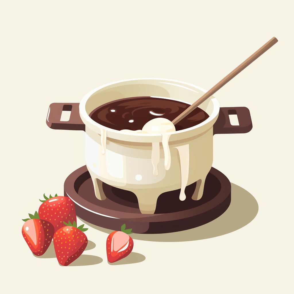 Chocolate fondue being transferred to a fondue pot