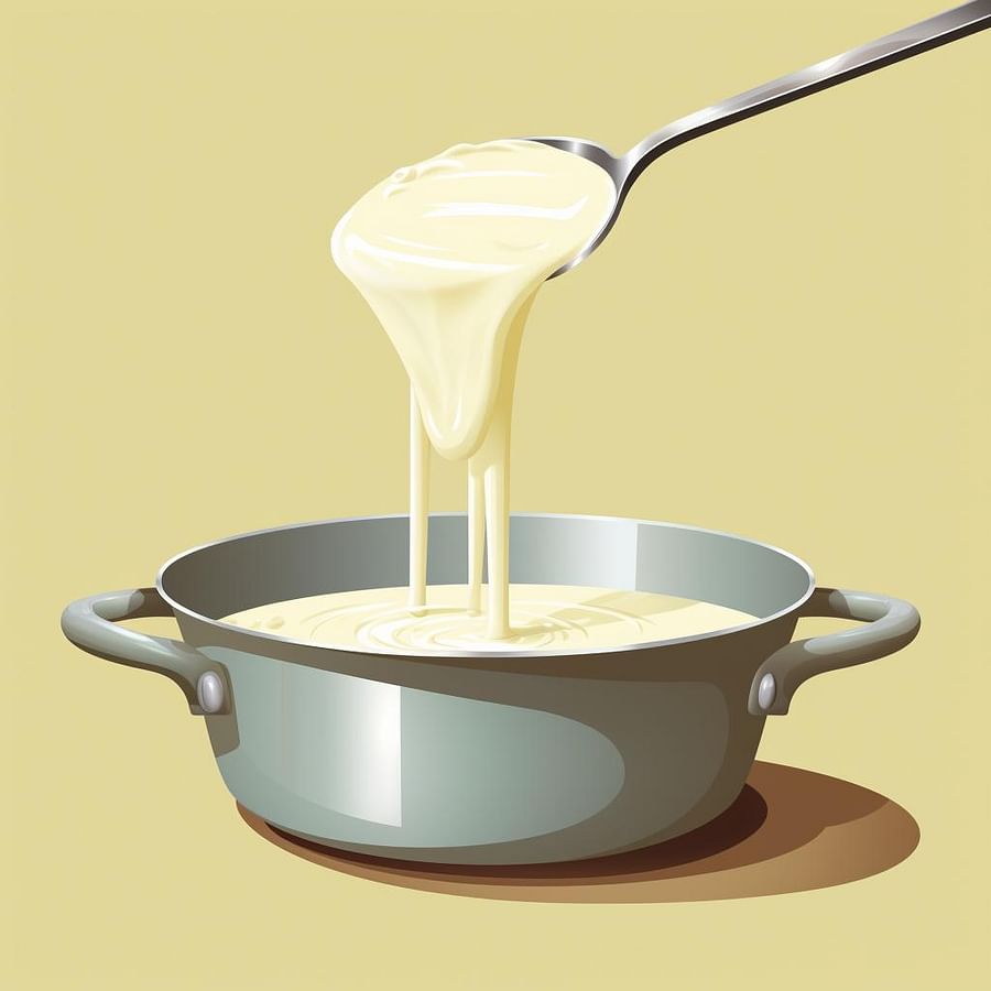 A bowl of smooth, melted white chocolate being lifted off a saucepan