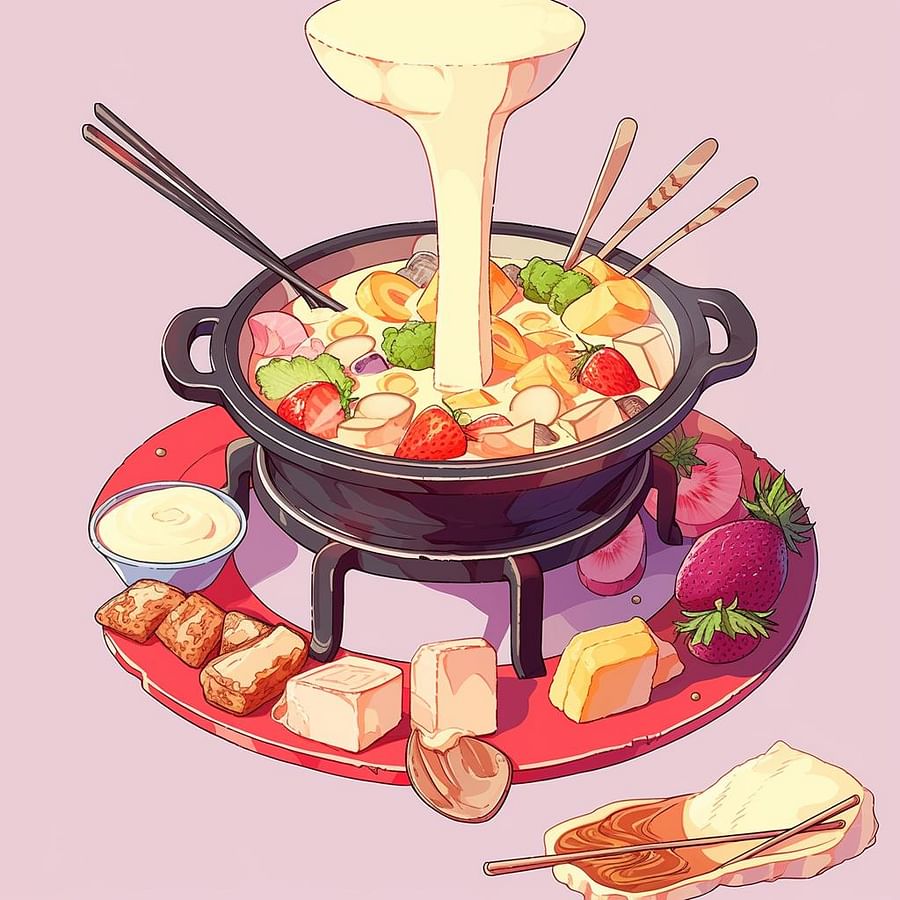 Fondue pot surrounded by an array of dipping foods