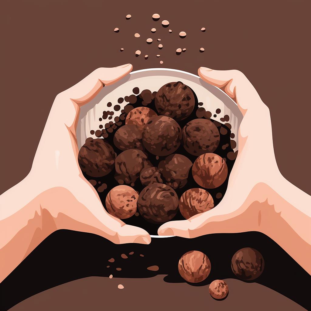 Hands forming truffles from the chilled chocolate mixture