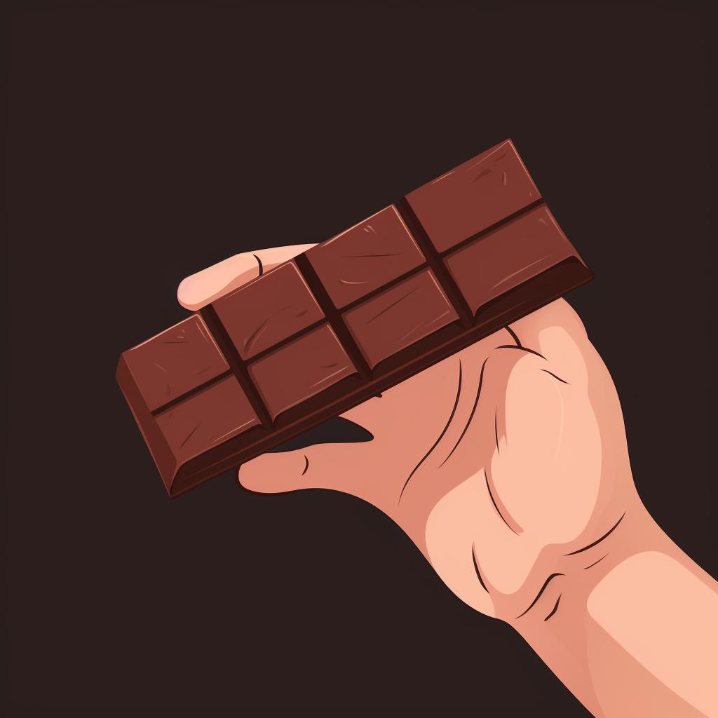 A hand holding a dark chocolate bar
