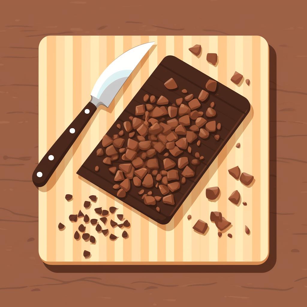 A chopping board with finely chopped dark chocolate.