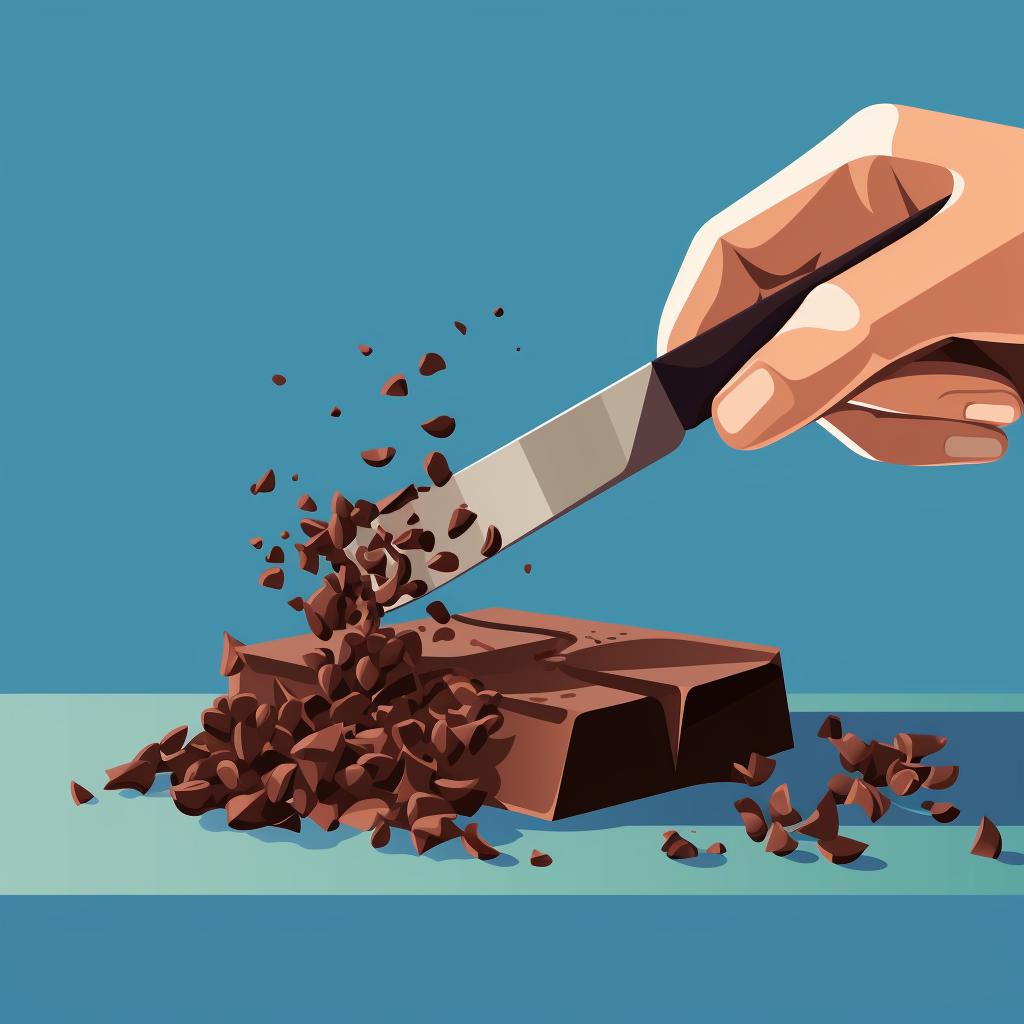 A knife chopping a bar of chocolate into small pieces.