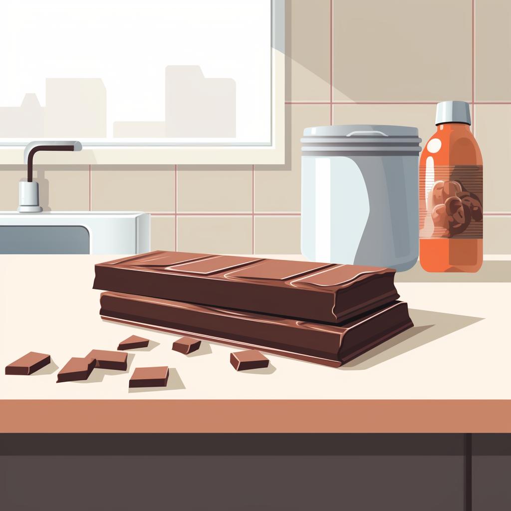 A chocolate bar being placed on a kitchen counter from the fridge.