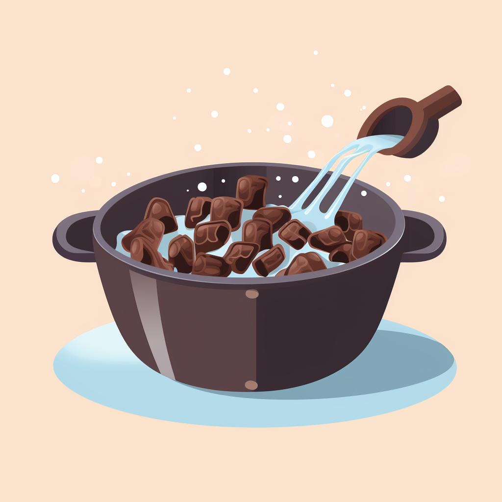 Chopped chocolate being stirred in a heatproof bowl over simmering water.