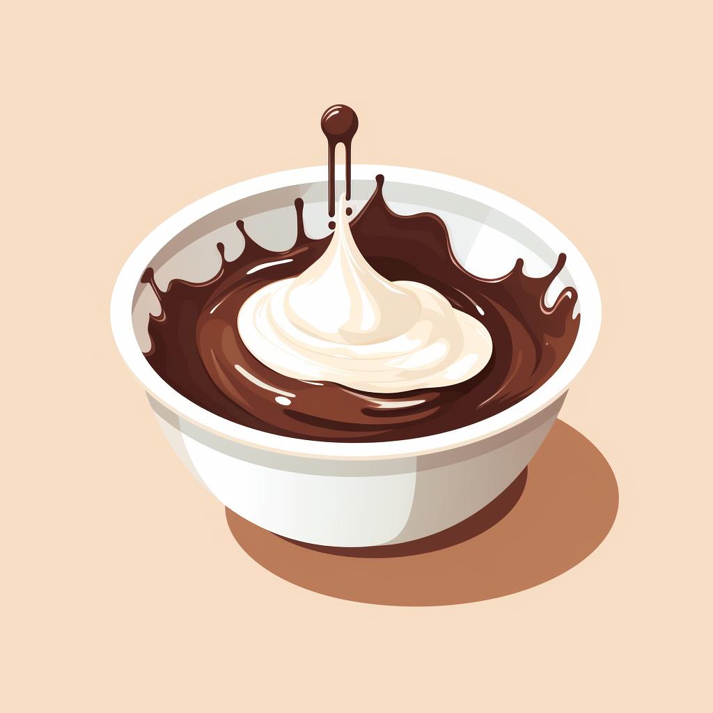 A bowl of melted chocolate and cream, stirred into a smooth mixture.