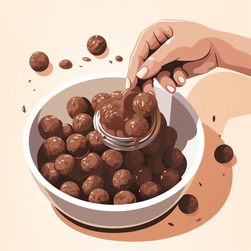 Hands shaping the chocolate mixture into small truffle balls.