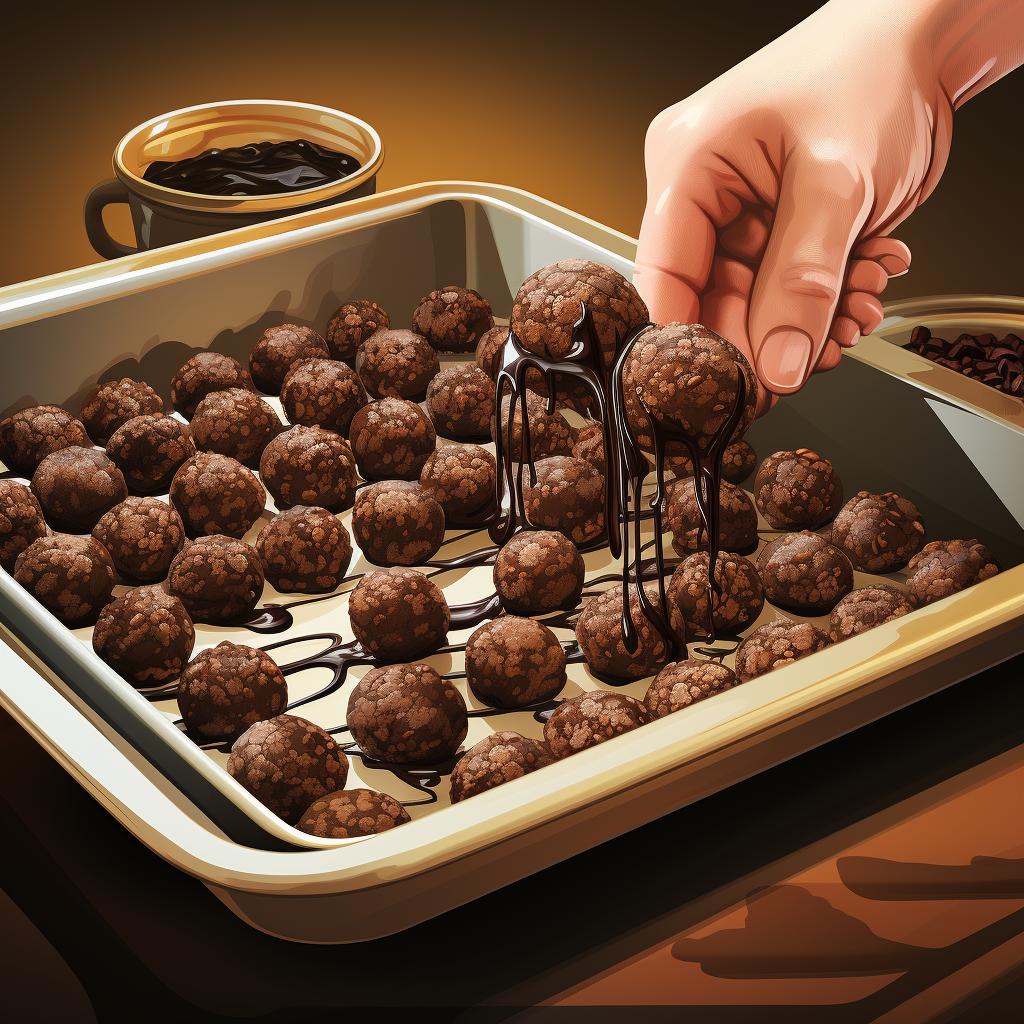 Hands shaping the chilled chocolate mixture into balls and placing them on a lined baking sheet.