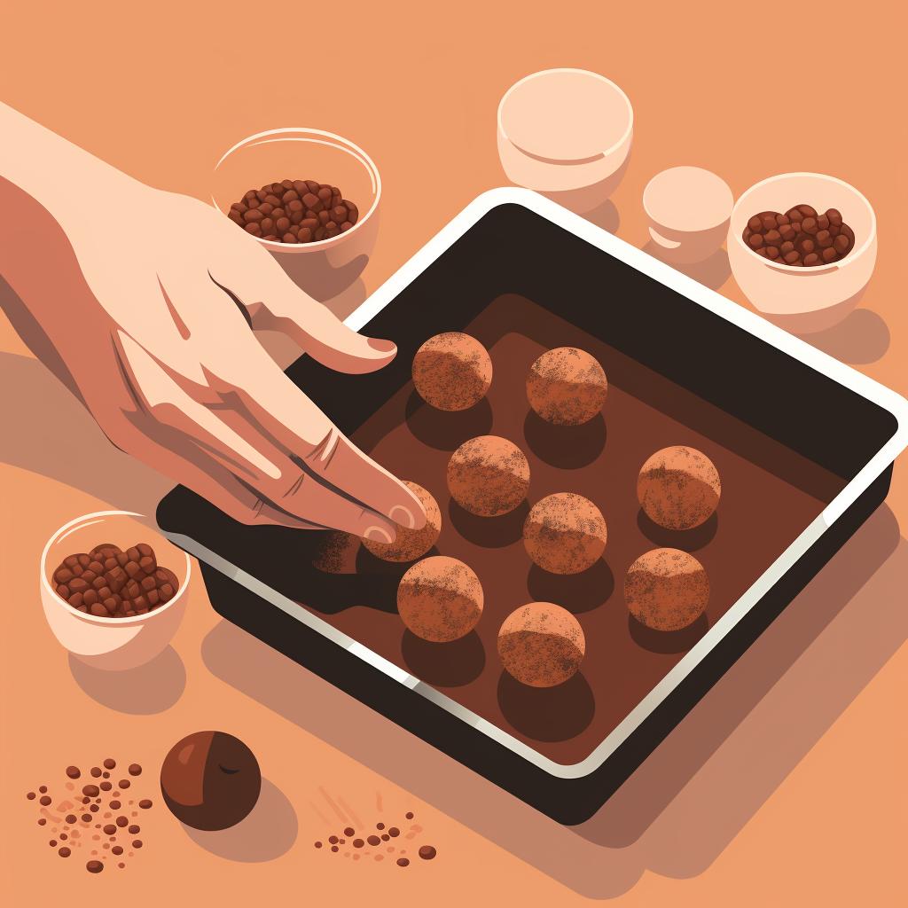 Rolling truffles in a bowl of cocoa powder and placing them back on the baking sheet.