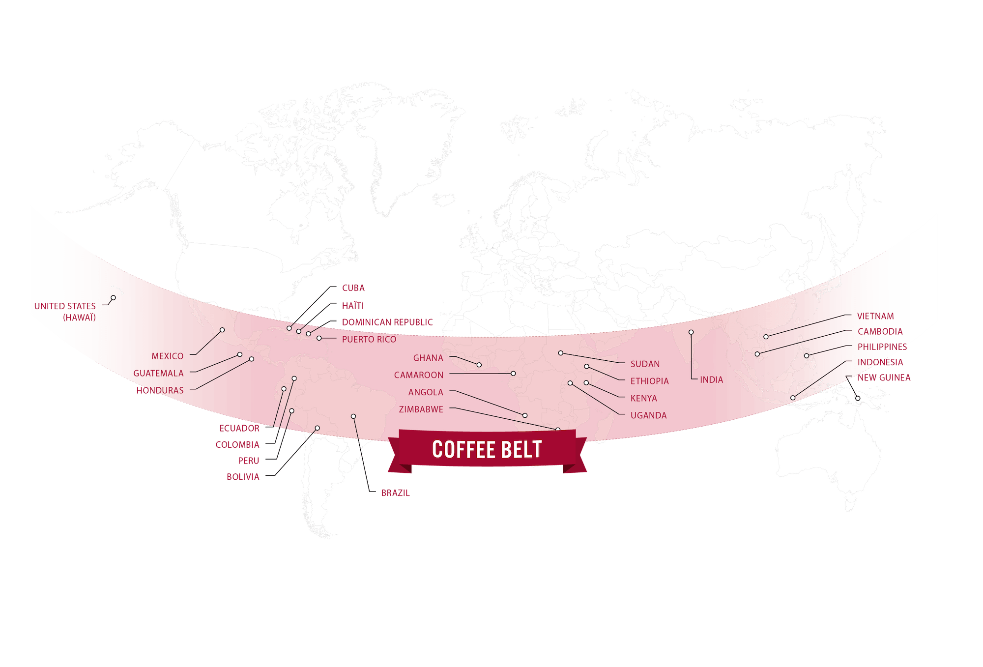 World map highlighting the cocoa belt across Africa, Central and South America, and parts of Asia